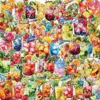 50 Pcs Cartoon Summer Drink Watercolor Sticks Icy Juice Fun Stickers Clear Plastic Decorate Cup Vase Phone Laptop Decals