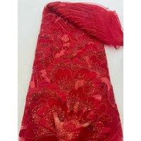 Luxury Red African Beaded Mesh Lace Fabric Embroidery Sequins French Tulle Lace For Nigerian Wedding Party Dress 5 Yards