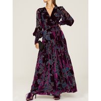 Women's Elegant Maxi Dress Velvet Floral Surplice V Neck Puff Long Sleeve Fashion Slim Tiered Ruffle Evening Party Clothing