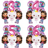 8Pcs Gabby Dollhouses Balloon Set Cartoon Girls 1-9 Pink Foil Number Balloons for Kids Birthday Baby Shower Party Decorations