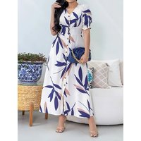 Leaves Print Single Breasted Dress, Elegant V-neck Aline Short Sleeve Dress For Spring & Summer, Women's Clothing