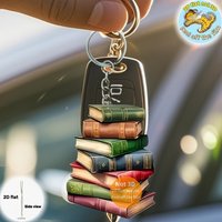Creative Bookpile Pendant Keychain Book themed 2D Flat Acrylic Ornament Charms Hanging Decoration for Car Bag Festive Party Gift