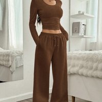 Fashion Two Piece Suits Women's Casual Slim O-Neck Long Sleeve Tops Lace Up Pocket Wide Leg Pants Office Night Out Solid Sets