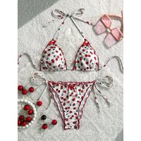 sexy cherry print bow ruffles bikinis sets two pieces halter tie swimsuits Swimwear beachwear conjunto de bikini biquini tankini