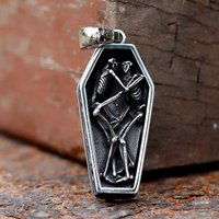 Vintage Men's Stainless Steel Steampunk Coffin Vampire Skull Skeleton Pendant Necklace Gothic Punk Biker Jewelry Gift