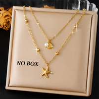 Double Layer Shell Starfish Pendant Necklace Minimal Stackable Stainless Steel Clavicle Chain Bohemian Vacation Jewelry