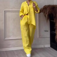 Women's Color Long Sleeve Single Button Shirt Wide Leg Pants Two Piece Set Fashionable Summer Outfit V Neck Button up