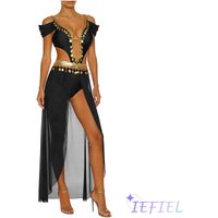 Womens Belly Dance Dress with Sequin Tassels Cutout V Neck Open Front Design Chiffon Hem Bodysuit Dress for Modern India Dance