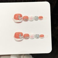 12pcs 3D Butterfly Nail Art Handmade Press On Toe Nails Translucent Pink With Rhinestone Classic White French Glitter False Nail