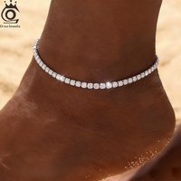 ORSA JEWELS Fashion S925 Silver 2mm Tennis Chain Anklet Barefoot Adjustable Chain Summer Vintage Beach CZ Ankle Bracelet SA03