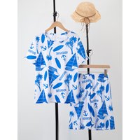 2-piece set of teenage printed short sleeved shorts for junior high school boys and girls casual sports T-shirt versatile shorts