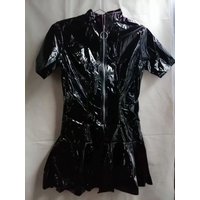 S-XXL Short Sleeve Wet Look PVC A-line Dress Shiny PU Leather Hot Dresses Tight Zipper Sexy Minifalda Sundress Vestido Miniskirt