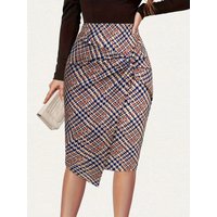 Women's Houndstooth Print Pencil Skirt | Twisted Knot Midi Skirt with Asymmetrical Hem