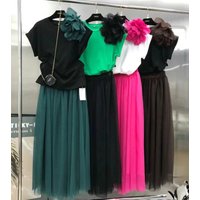 Summer 2025 Two Piece Dress Set Women Flower Stitch Short Sleeve Cotton Top + Elastic Waist Long Skirt Holiday Beach Dress Suits