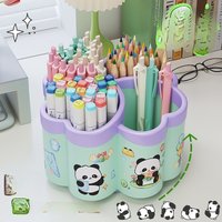 Panda Sticker Four-Leaf Clover Rotating Pen Holder - Multifunctional Large Capacity Desk Organizer for Students