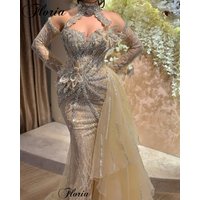 2025 New Champagne Prom Dresses With Crystals Halter Off Shoulder Cocktail Dresses Mermaid Party Vestidos De Noche Customized