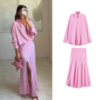 Casual Woman Striped Pink Shirt Skirt Sets Spring Female Single Breasted Full Sleeves Shirts Or Lady Chic Side Split Long Skirts