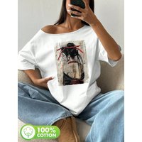 Plus Size 100% Cotton Shoulder Loose Print T-Shirt Oversized Y2K Style Graphic Tees Women Tops Summer Off The Shoulder Top Ja