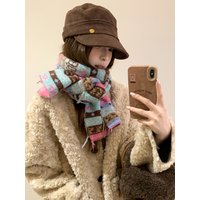 Retro Fair Lsle Wool Blend Striped Jacquard Scarf For Women Thickened Warm Knit Scarf For Autumn And