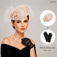Women Fascinator Hat Lace Gloves Set Vintage Tea Party Headwear Mesh Hair Accessories for Wedding Cocktail Party Kentucky Derby