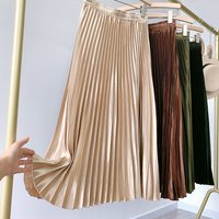 SISHION Women Fashion Elastic Waist Party Pleated Satin Skirt SS0036 Solid Color Black White Brown Green Long Midi Skirts