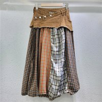 Denim Plaid Print Patchwork A-line Midi Skirts Women Fashion Buttons Irregular Jeans Contrast Color Casual Streetwear Bottoms