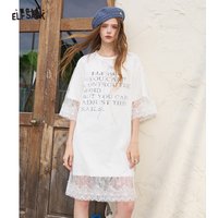 ELFSACK Crew Neck Letter Print T Shirt Dress, Rhinestone Bow Lace Patchwork Loose Mini Dress, Sweet Casual Daily Outfit for Wome