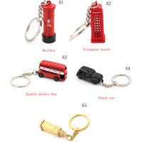 British Miniature London Model Key Ring Keychain Souvenir Red Bus Taxi