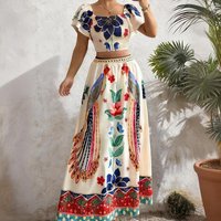 Women Two Piece Sets Skirt Set Puff Sleeve Tops Print Floral Long Skirts A Line High Waist Y2k Streetwear Elegant Work Summer