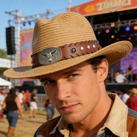 1PC Straw Western Cowboy Hat Bull Skull Buckle Leather Band Wide Brim Unisex Cosplay Accessory for Music Festival Western Party