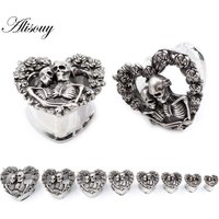 Alisouy 2PCS Retro Stainless Steel Skull Rose Flower Heart Ear Plugs Tunnels Expander Stretchers Gauges Piercing Body Jewelry