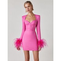 Women Winter Sexy Long Sleeve Feathers Hot Pink Black Mini Bodycon Bandage Dress 2022 Elegant Evening Party Dress