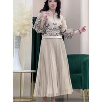 Ramadan Eid Muslim Skirt Set Two Piece Zipper Up Jacket with Pleated Skirts Suits Musulman Ensembles Spring Islamic Outfit Set