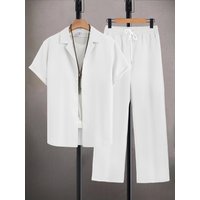 Men's Elegant Tracksuit, Solid Color Lapel Shirt & Elastic Waist Pants for Daily Wear