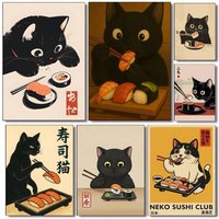 Cute Animal Japanese Sushi Chef Black Cat Vintage Poster Sticker Print Waterproof Wall Art For Living Room Bedroom Home Decor