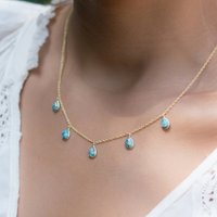Bohemian Inlay Synthetic Turquoise Pendant Necklace For Women Golden Plated Chain Links Choker Jewelry Accessories