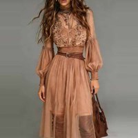 Spring Summer Mesh Solid Robe Dress Casual Long Sleeved High Waist Holiday Dress Women's Standing Collar See Through Beach Dress