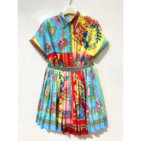 Designer Retro Geometrischer Druck Revers Kurzarm-Hemd Zweiteiler 2026 Sommer Damenkleid+Lockerer Plissierter Rock Mode-Anzug