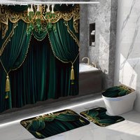 "Luxury Emerald Green Velvet Shower Curtain Set | Gold-Trimmed Mats, Toilet Lid Cover, 4-Piece Set, Elegant Bathroom Decor