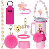 European American 8Pcs for for Stanley Cup Floral Straw Topper Cup Sleeve Cup Chain Pink Flower Key Pendant Pom Pom Ball