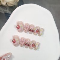 10Pcs French Short Almond Handmade Press on Nails 3d Cherry Pink Bow Designs Sweet False Nails Summer Cat Eye Lovely Nails Art