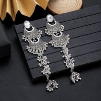 Ethnic Indian Geometric Crystal Long Earring Female Brincos Retro Silver Plated Beads Tassel Wedding Earrings Statement Jewelry