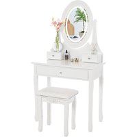 Vanity Desk with Mirror & Lights, Wood Makeup Dressing Table with Oval Mirror & Stool,Modern Bedroom Dressing Table with 5 Large