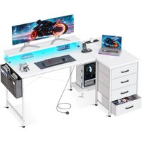 Coleshome L Shaped Gaming Desk with LED Lights & Power Outlets, 140x80cm Corner Computer Desk with Drawers, White