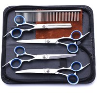 Bamlue 7 in 1 Professional Stainless Steel 4CR Safety Round Tip Dog Grooming Scissors, Anti-Rust Shears Cat Grooming Scissors Pet Kit, Thinning Straight Comb for Long Short Hair-Blue