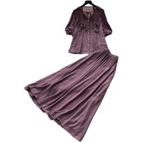 Women Skirt Set Two Piece Sets V Neck Short Sleeve Tops Long Skirts A Line High Waist Y2k Streetwear Elegant Casual Loose Summer