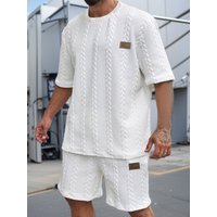 Men's Summer Casual Set, Premium Textured Cable Knit Tee & Elastic Waist Shorts
