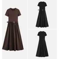Elegant Simple Summer Dress Women's Fashion 2026 Belted round Neck Slim Fit Luxury Style Short Sleeve Casual Wear