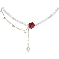 French Retro Style Rose Flower Zircon Tassel Chain Pearl Beaded Choker Necklace for Women Sweet Temperament Jewelry Accessories
