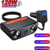 7 in 1 Car Charger Adapter PD USB Socket Cigarette Lighter Splitter Fast Charge With LED Voltmeter DC Outlet Auto Accessories